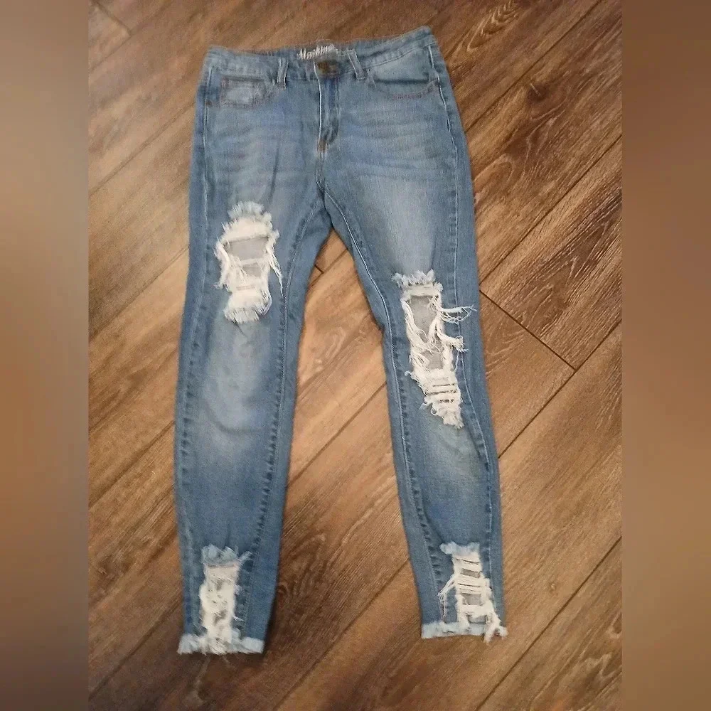 Machine Nouvelle Raw Hem Distressed Ankle Cropped Jeans Womens 6 Boho Cowgirl - Picture 2 of 9